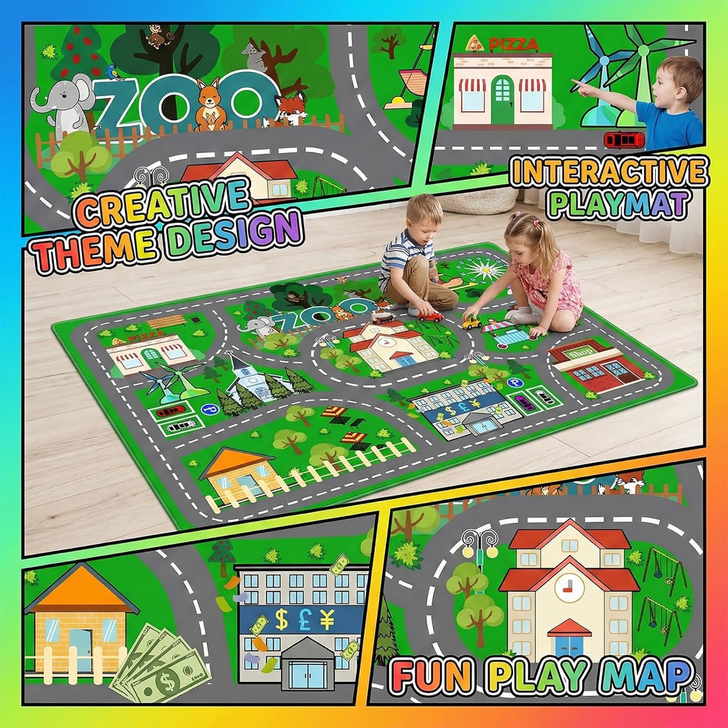 2.5x4 Car Rug Play Mat - Green Road Rug for Kids Boys Room, Fun Race Track Traffic Road Carpet for Boys Playmat