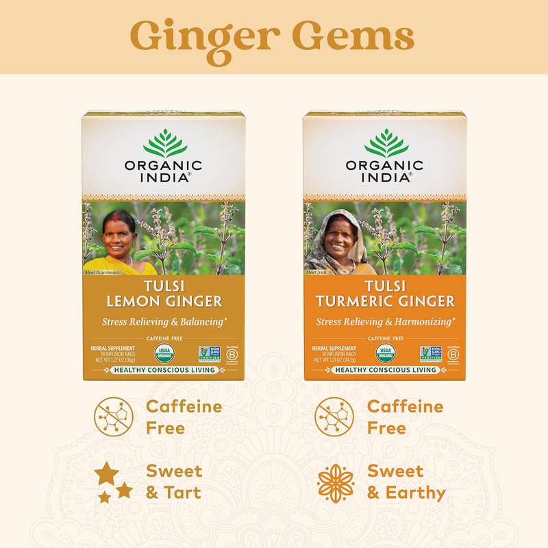 Organic India Tulsi Lemon Ginger Herbal Tea - Stress Relieving & Reviving, Immune Support, Aids Digestion, Vegan, USDA Certified Organic, Non-GMO, Caffeine-Free - 18 Infusion Bags, 3 Pack