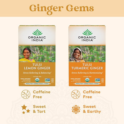 Organic India Tulsi Lemon Ginger Herbal Tea - Stress Relieving & Reviving, Immune Support, Aids Digestion, Vegan, USDA Certified Organic, Non-GMO, Caffeine-Free - 18 Infusion Bags, 3 Pack