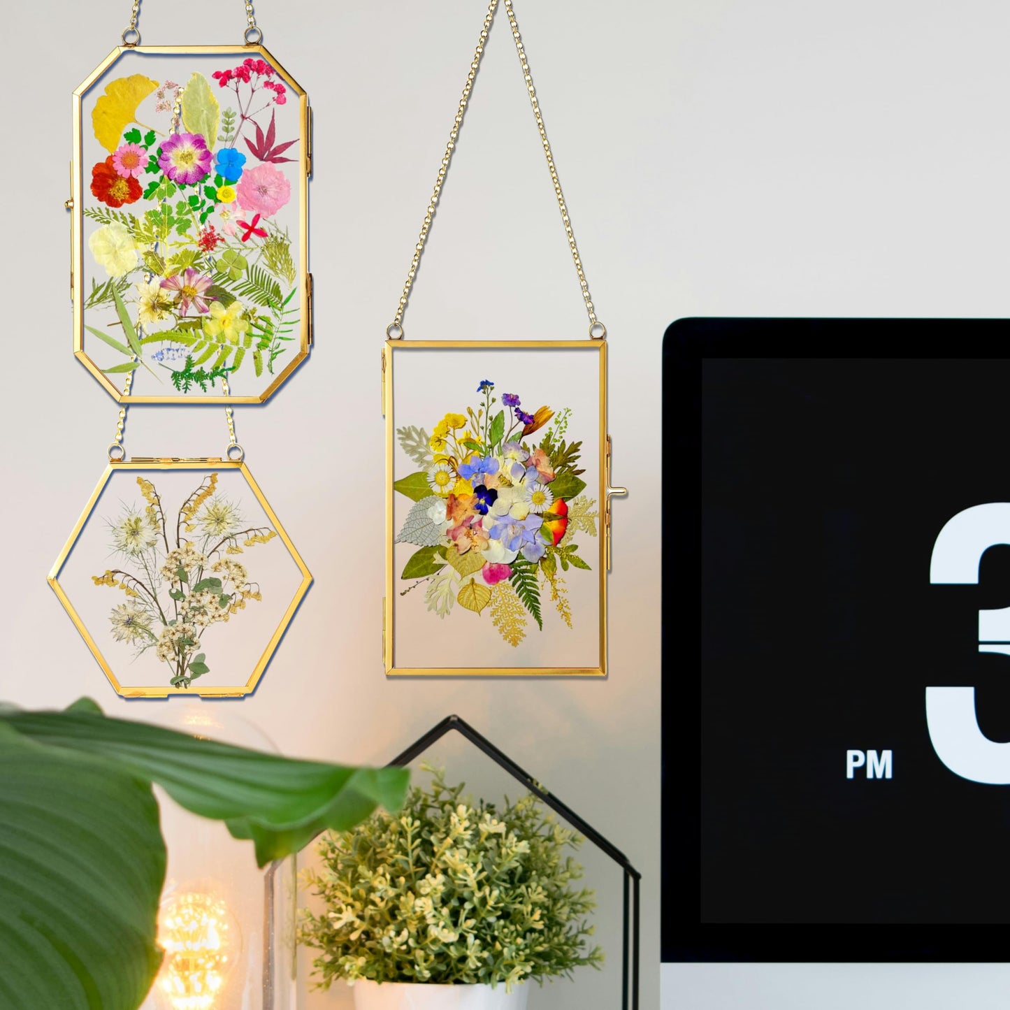 IcosaMro 3 Pack Double Glass Frame for Pressed Flowers 4"x 6" Adult Craft Kits with Brass Glass Frames & 4 Sheets Pressed Flower, Window Hanging Wall Decor Frame for Dried Flowers Leaves Plants