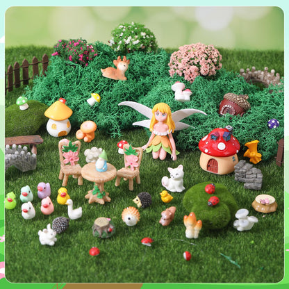 GGSTDDUP 54 Pcs Fairy Garden Accessories, Mini Resin Animals Figures, Miniature Table and Chairs, Bridge, Fence, Fairy House Kit with 50g Artificial Moss for DIY Craft Landscape Bonsai Glass Container