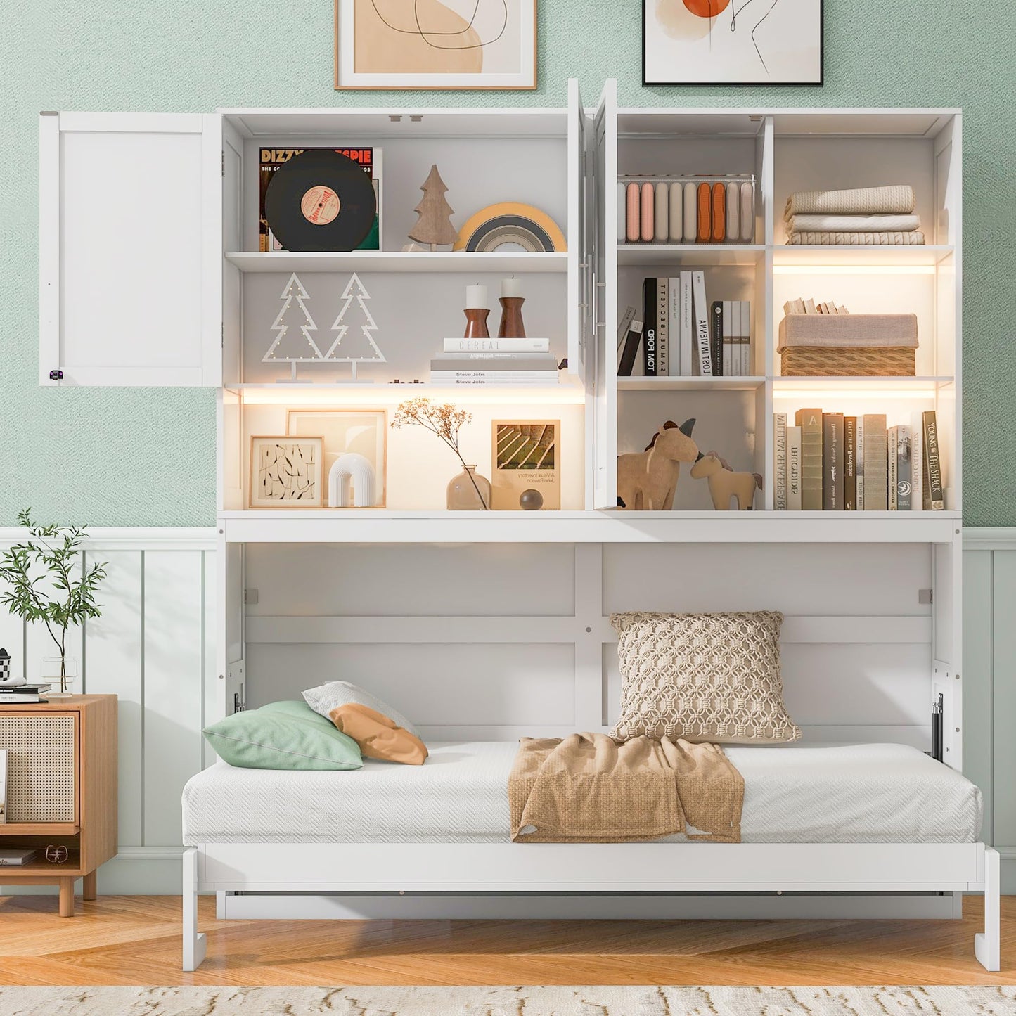 Ball & Cast Twin Size Murphy Bed,Foldable Wall Bed with Top Cabinet,Storage Shelves,Hidden Cabinet Bed Frame with Led Light and USB Port for Bedroom,Guest Room,Space Saving,No Box Spring Needed,White