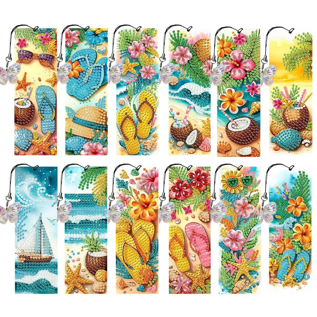 12 Pcs Diamonds Painting Bookmarks Diamond Art Kits for Adults DIY Full Round Gem Crystal Art Bookmarks with Pendant Home Office Supplies for Reading Lovers