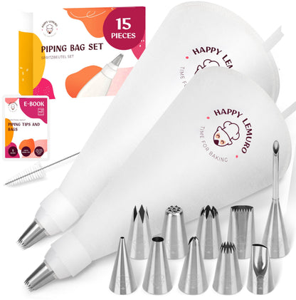 Cake Decorating Kit – Reusable 16" & 14" Cotton Piping Bags with 10 Large Stainless Steel Icing Tips – Durable, Food-Grade & Dishwasher Safe