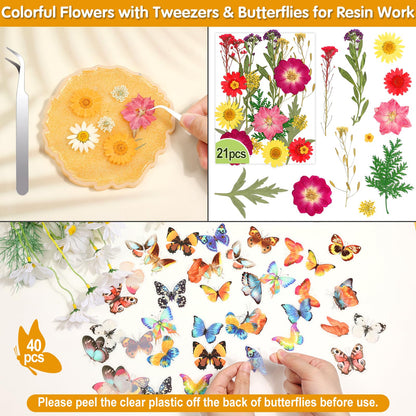 235 Pcs Pressed Dried Flowers for Resin, Natural Real Dried Pressed Flowers for Crafts, Bulk Dry Flowers for Resin Molds, Candles, DIY Art Jewelry Making with Tweezers Butterfly Stickers Set Decorate