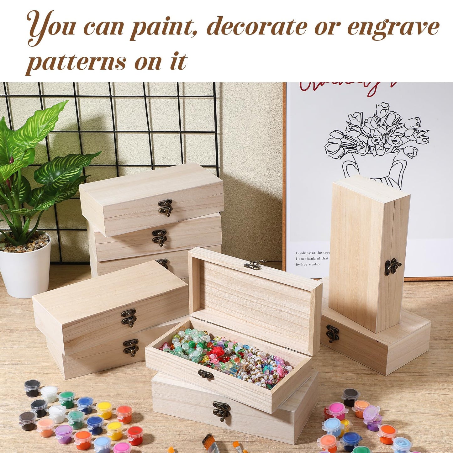 Oqqlin 10 Pack Wooden Box with Hinged Lid, Unfinished Wooden Boxes for Crafts 7.87 x 3.9 x 1.96 Inch Large Unpainted Paulownia Wood Box for DIY Crafts and Jewelry Storage