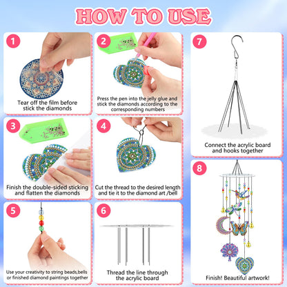 Bowetile 5D Diamond Art Kits for Adults, Mandala Diamond Art Wind Chimes, Diamond Painting DIY Wind Chime Suncatchers Kit, Crystal Gem Pendant Hanging Ornament Christmas Gift for Women Home Decor