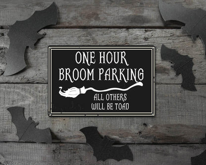 One Hour Broom Parking 12" x 8" Tin Sign Halloween Theme Home Fall Decor Wall Decoration