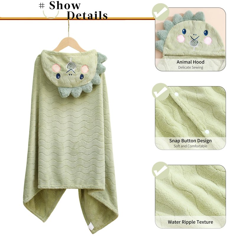 BEFACL Hooded Towel for Kids, 2 Pack Ultra Soft Coral Fleece Kids Bath Towels, Absorbent Toddler Towels with Hood Age 0-10 Years for Infant, Kids - Large 27.5 X 55 inch (Pink Rabbit & Green Dinosaur)