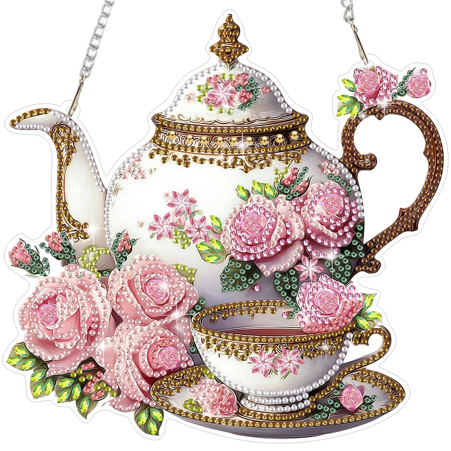 MEIYUDA Teapot Diamond Art Hanging Kits for Adult, Flowers Teapot Diamond Painting Hanging Kits Ornaments, DIY Special Shaped Rhinestone Window Pendants Kit for Home Garden Wall Decor Gift