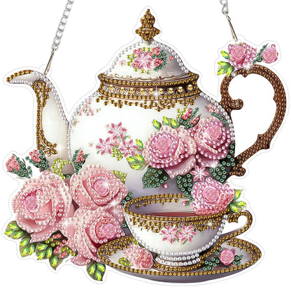 MEIYUDA Teapot Diamond Art Hanging Kits for Adult, Flowers Teapot Diamond Painting Hanging Kits Ornaments, DIY Special Shaped Rhinestone Window Pendants Kit for Home Garden Wall Decor Gift