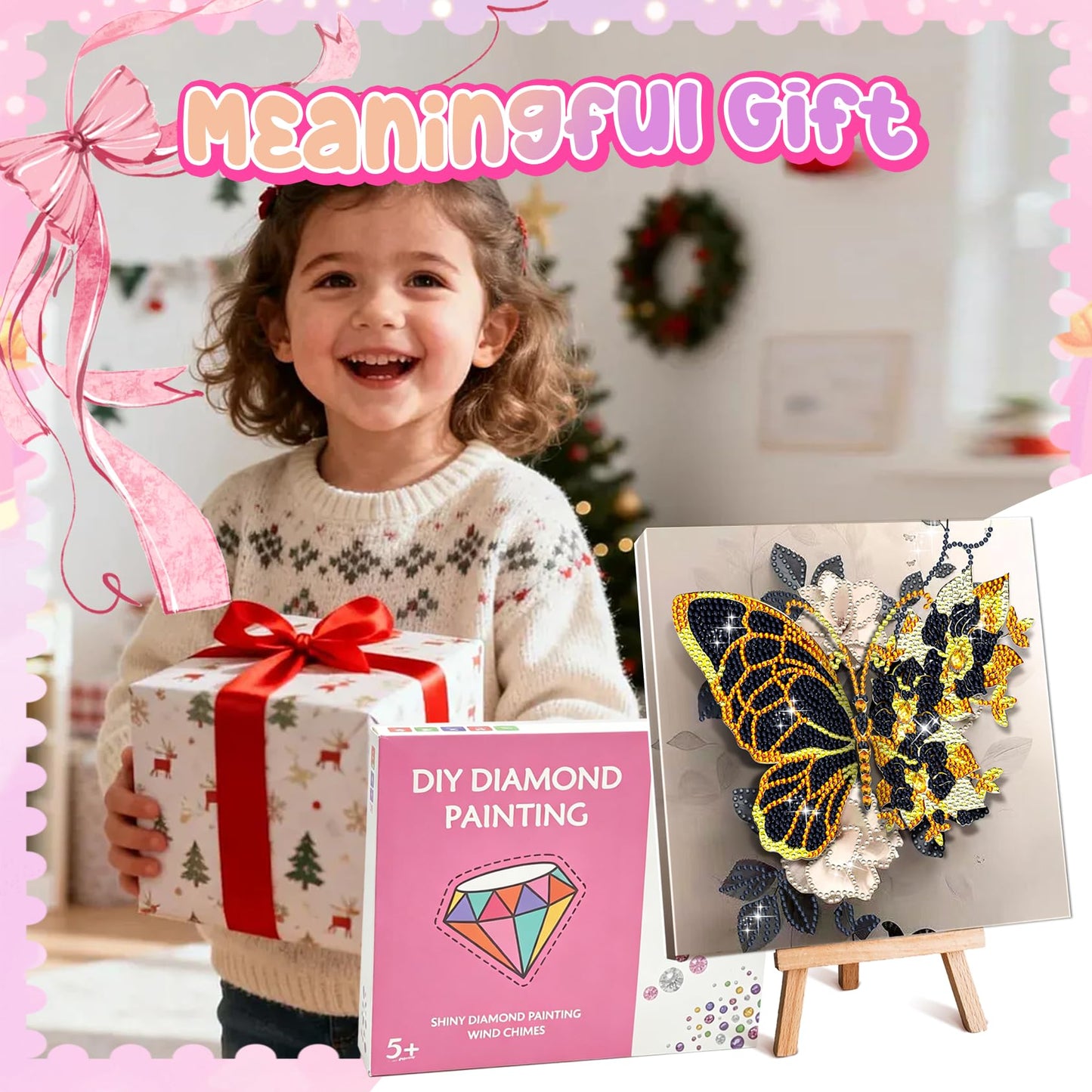 SJTYDX 5D Diamond Art Butterfly Kit with Frame, Flower Diamond Painting for Adults Beginners, DIY Gem Painting Craft with Easel, Diamond Paint Kit for Home Decor & Unique Gift, 7.8x7.8 Inc