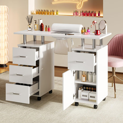 PeacefulHues Manicure Table Nail Desk, Nail Station with Electric Dust Collector, Wrist Rest and Storage Drawers Cabinet, Beauty Salon Workstation for Nail Tech, White
