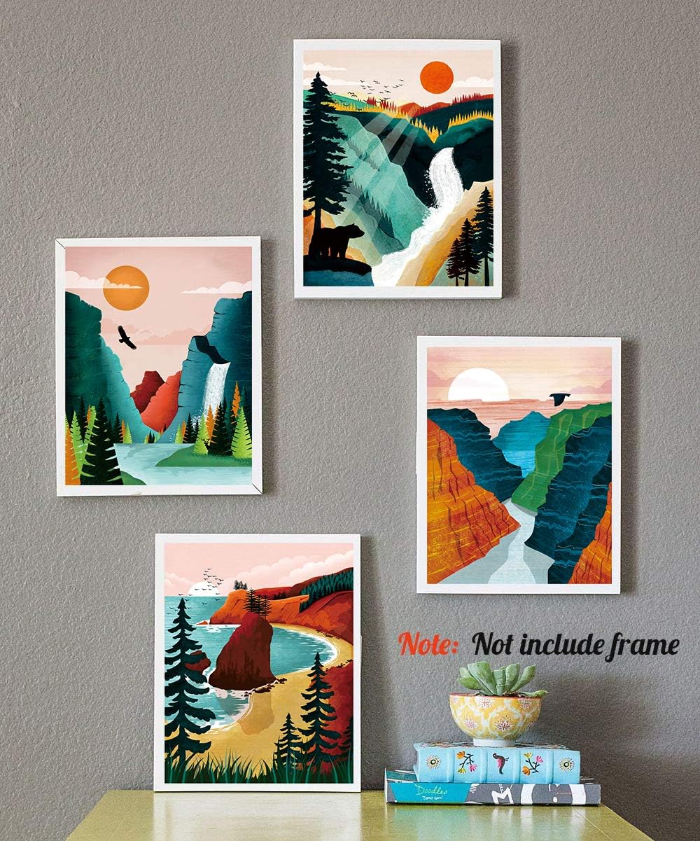 National Park Poster Set of 4, Nature Wall Art Prints for Home Decor, Grand Canyon, Sierra Nevada, Olympic Parks