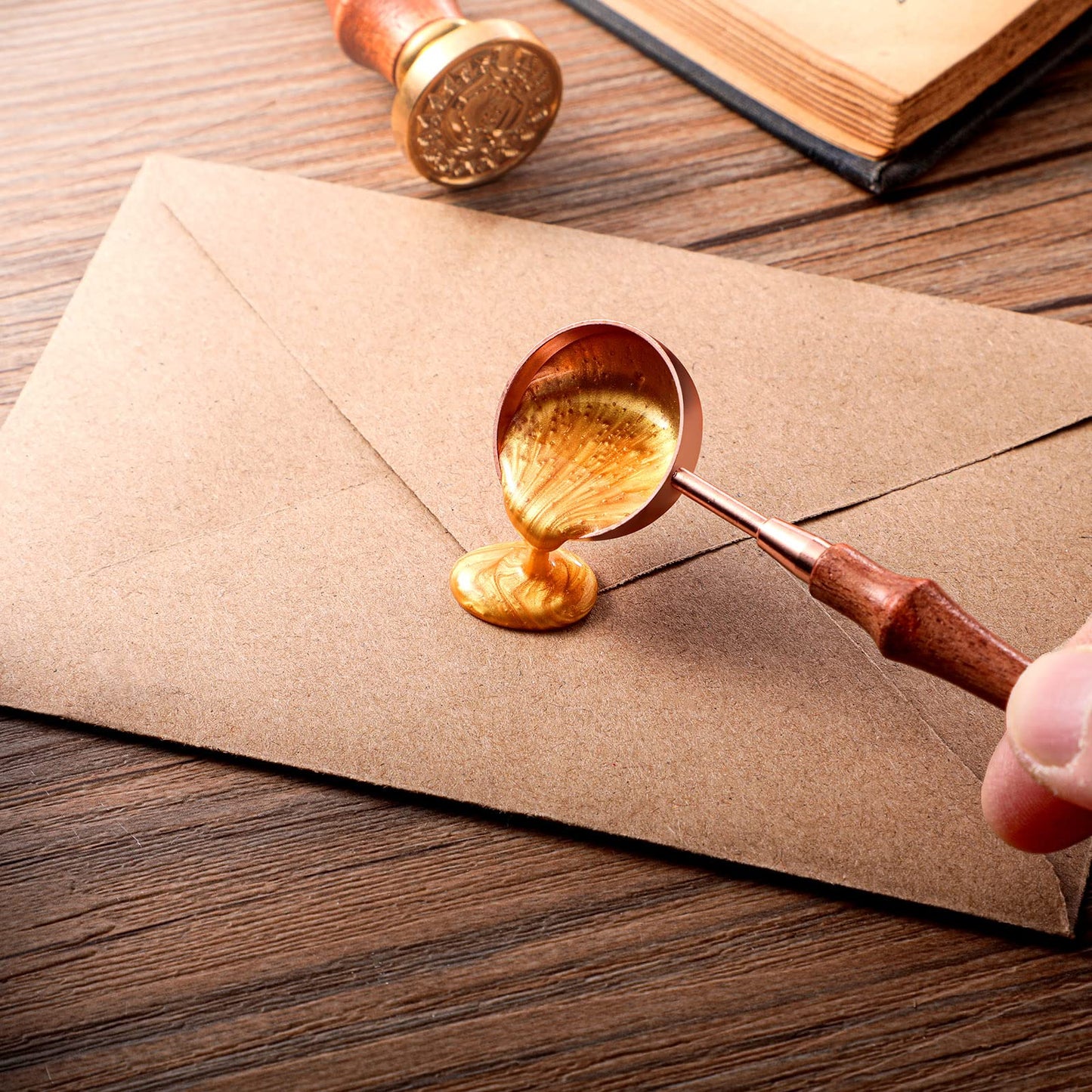 Chengu 6 Pcs Wax Seal Spoon Melting Wax Spoon with Wooden Handle Sealing Stamp Melting Seal Warmer for Sealing Stamp Envelope Craft Wedding Party Invitations