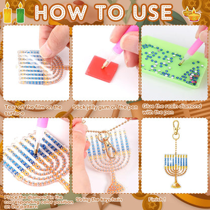 DEEKIN 30 Pcs Hanukkah Diamond Painting Keychains Hanukkah Crafts Ornaments Keychains Double Sided 5D Star Menorah Diamond Key Rings for Hanukkah DIY Birthday Party Supplies Favors