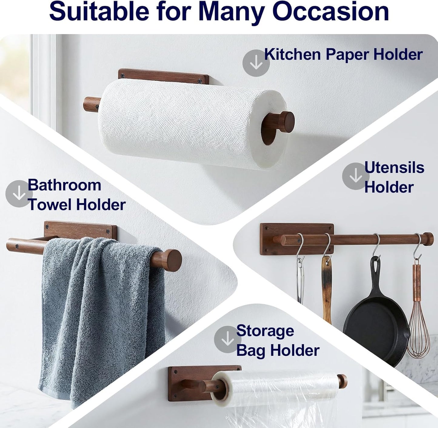 Wooden Paper Towel Holder for Kitchen,Adhesive Acacia Wood Paper Towel Holders Under Cabinet, Wall Mount Kitchen Paper