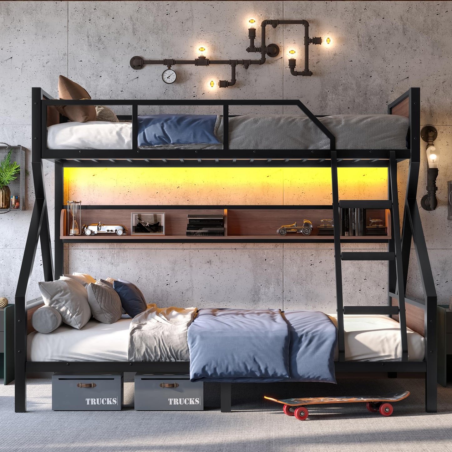 Bellemave Metal Bunk Bed Twin XL Over Queen Size with Storage Shelves & LED Light,Heavy Duty Bunk Bed Frame with Wood Board & Sturdy Slats,Twin XL Over Queen Bunk Beds for Bedroom,Noise Free, Black