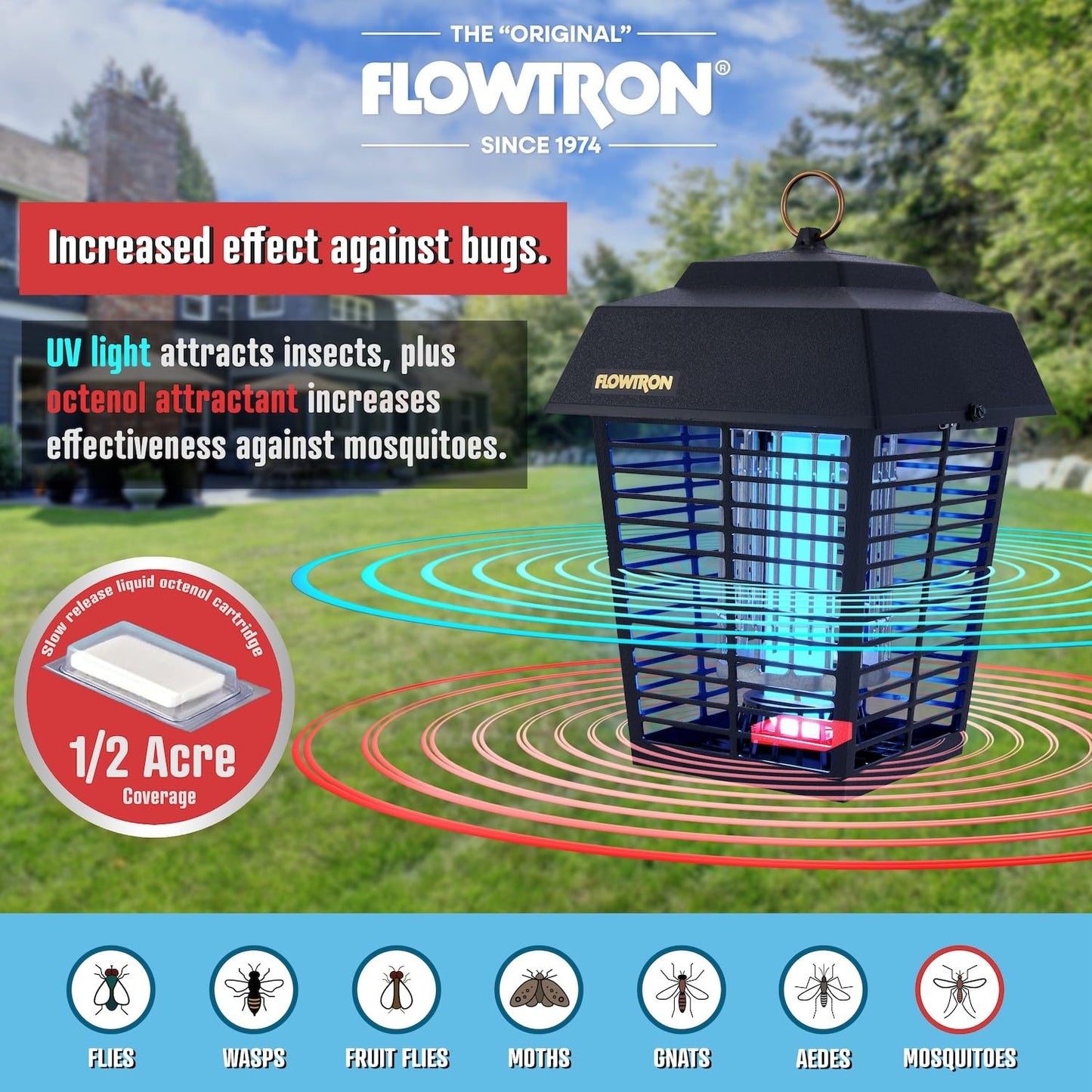 Flowtron Electric Bug Zapper 1/2 Acre Outdoor Insect Control with Dual Lure Method, 15W UV Light & Octenol Attractant for Fly & Mosquito, 5600V Kill Grid, Made in USA, UL Certified