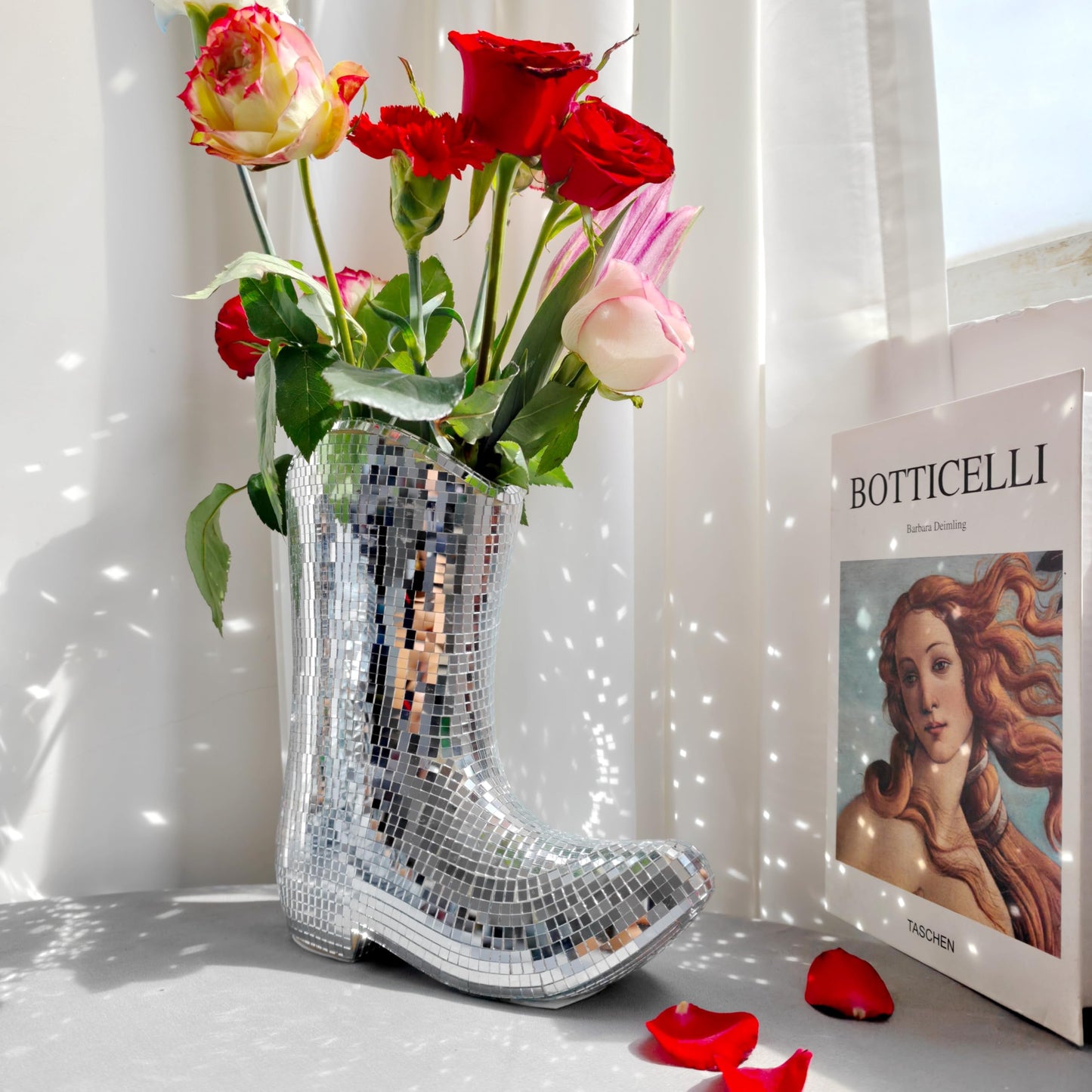 Handcrafted Disco Cowboy Boot Vase, Ceramic & Santiago Disco Ball Modern Western Flower Vase, 9.5inch Santiago Disco Cowboy Boot Home Decor, Unique Gift for Housewarming