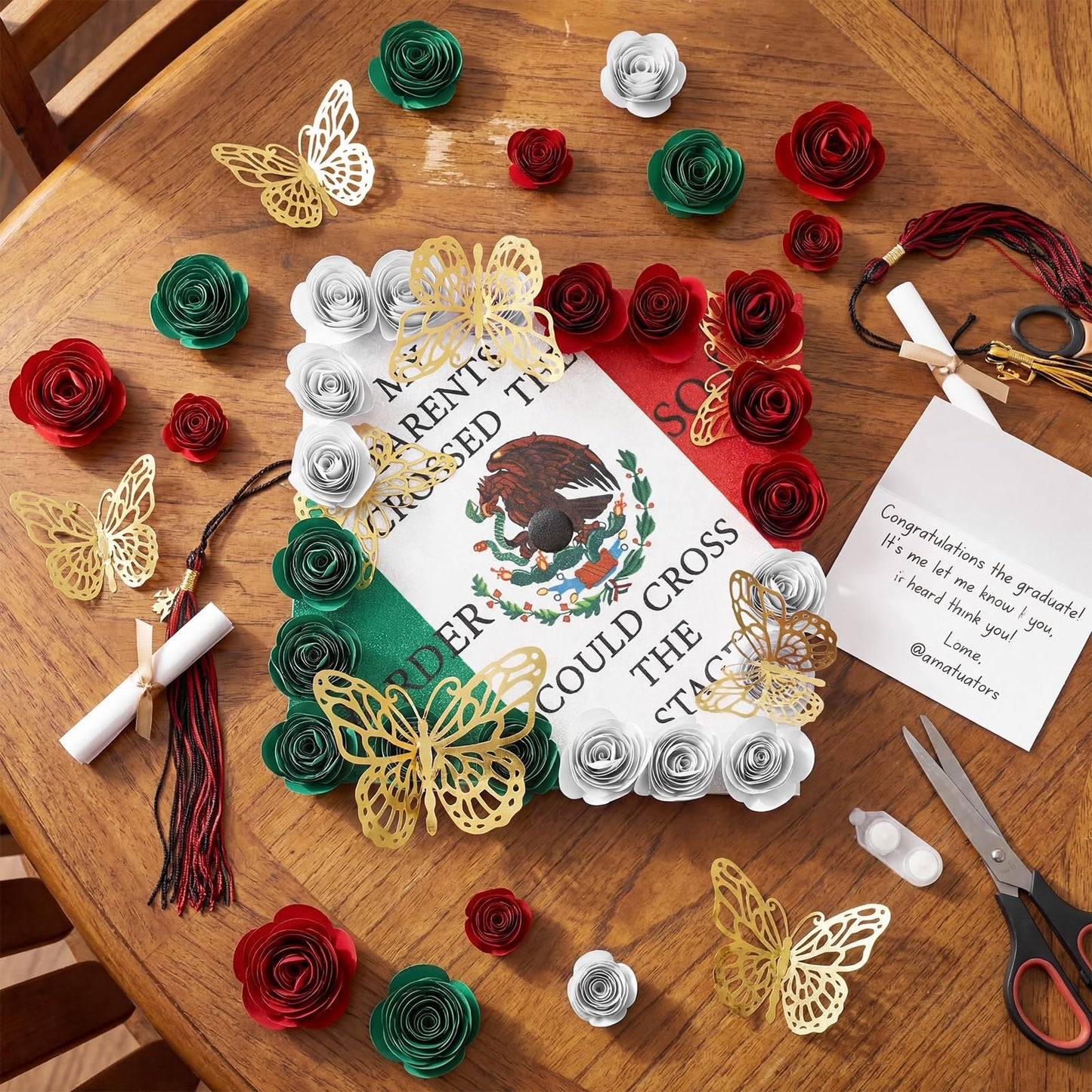 Dunzoom 37 Pcs Mexican Flag Graduation Cap Decorations Kit, Glitter Mexican Flag Grad Cap Topper with Paper Flowers 3D Butterflies for Grad Hat Topper Cover Craft Gift Decor(Style A)