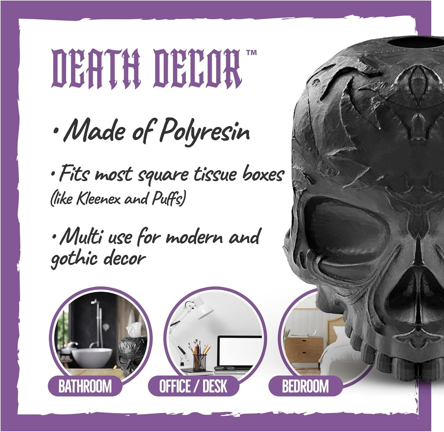 Skull Tissue Box Cover Square Black, Gothic Home Decor, Fits Most Square Tissue Boxes, Office Desk Organizer