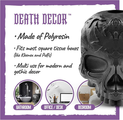 Skull Tissue Box Cover Square Black, Gothic Home Decor, Fits Most Square Tissue Boxes, Office Desk Organizer