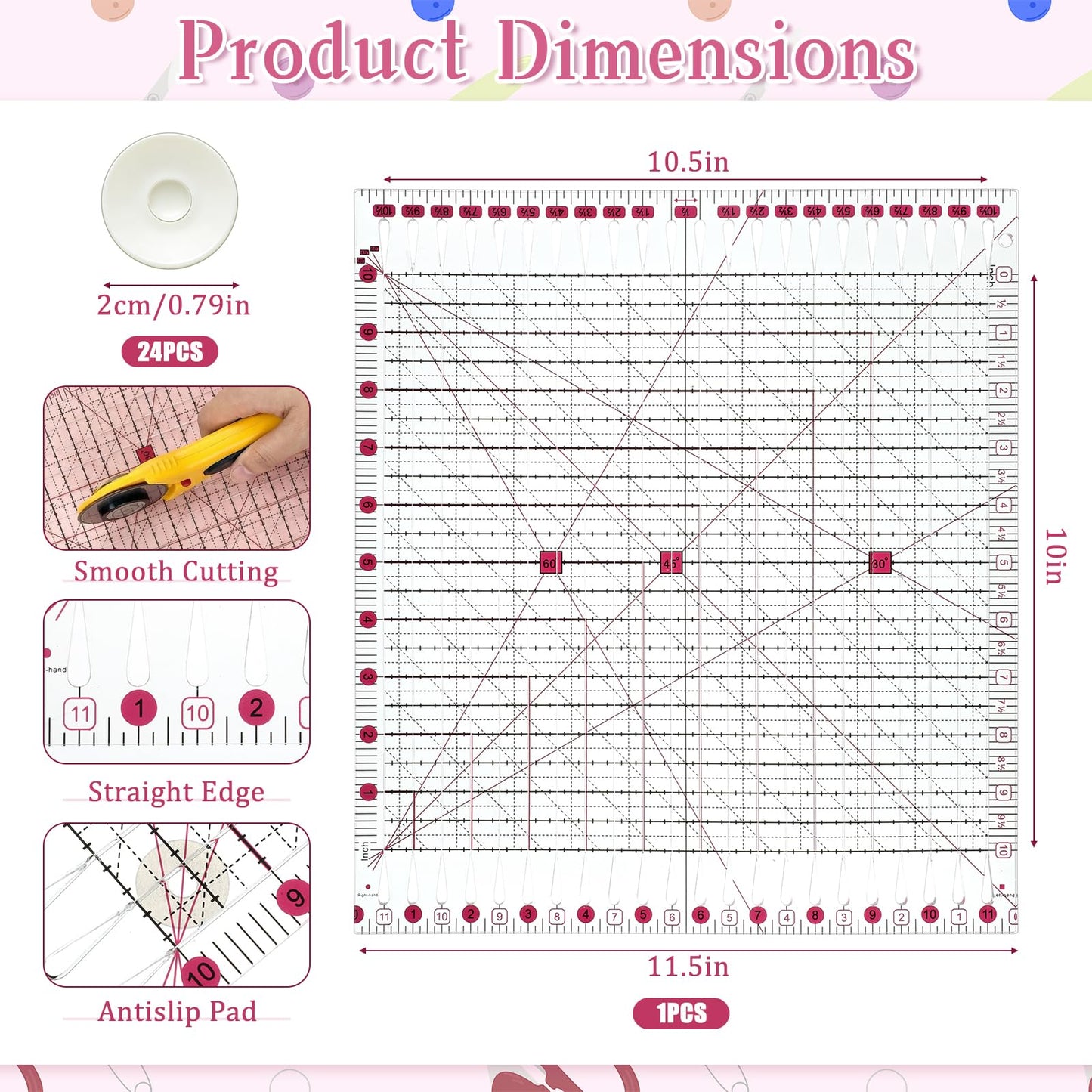 11.5" x 10.5" Quilting Ruler for Precise Fabric Cutting, Slotted Sewing Quilt Strip Rulers, Square Clear Mark Plastic Quilting Ruler, Crafts Template Rulers for Accurate Measurement and Easy Cutting