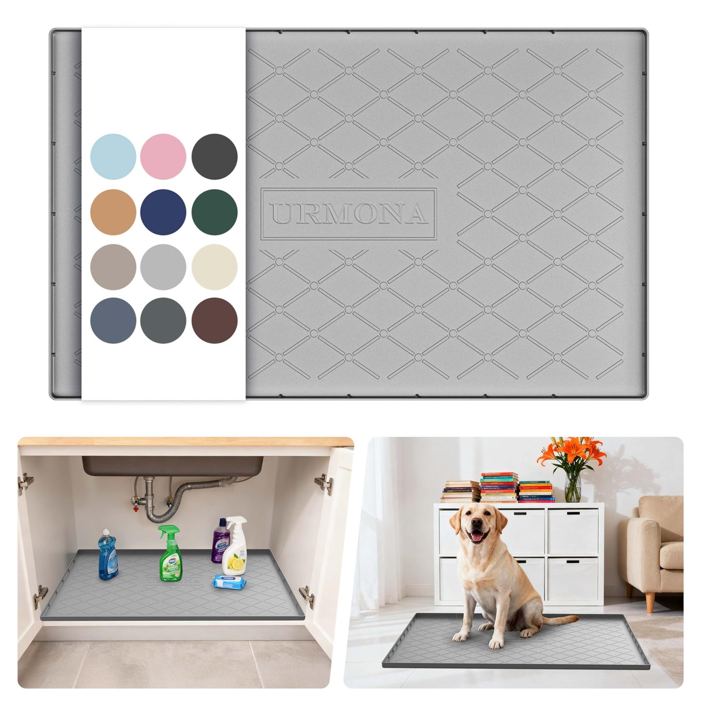 URMONA Under Sink Mat for Kitchen Waterproof, 34" x 22" Silicone Under Sink Mat for Shelf Liner Organizer, Cabinet Sink Protector Under Sink Liner for Bottom Kitchen, Bathroom(Light Grey)