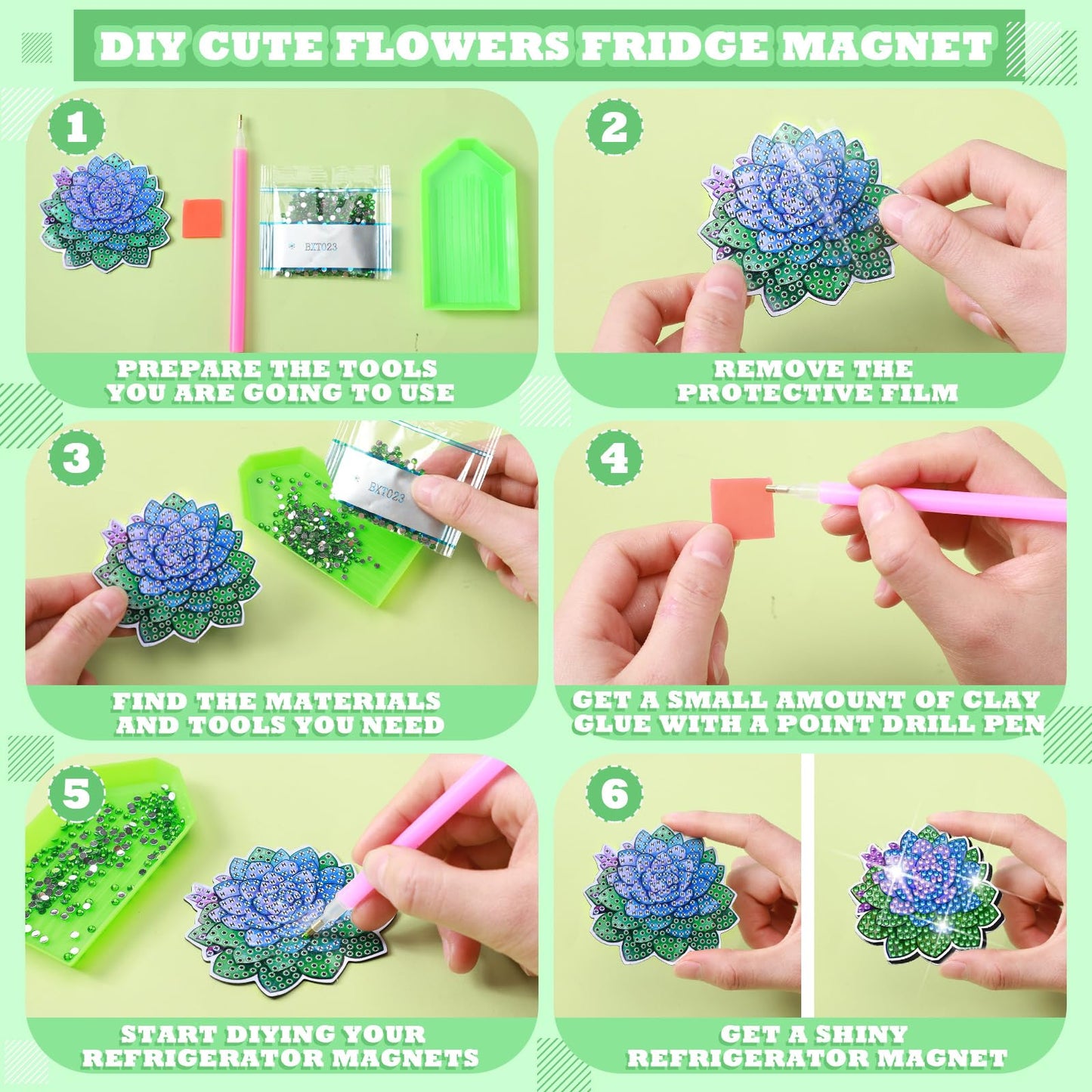 Remuuly 30 Pcs Succulent Diamond Painting Magnets, Spring Diamond Art Magnet Kits for Adults, Succulent Plant Flower 5D Rhinestones Refrigerator Magnetic Stickers for Beginner, DIY Crafts Fridge Gifts