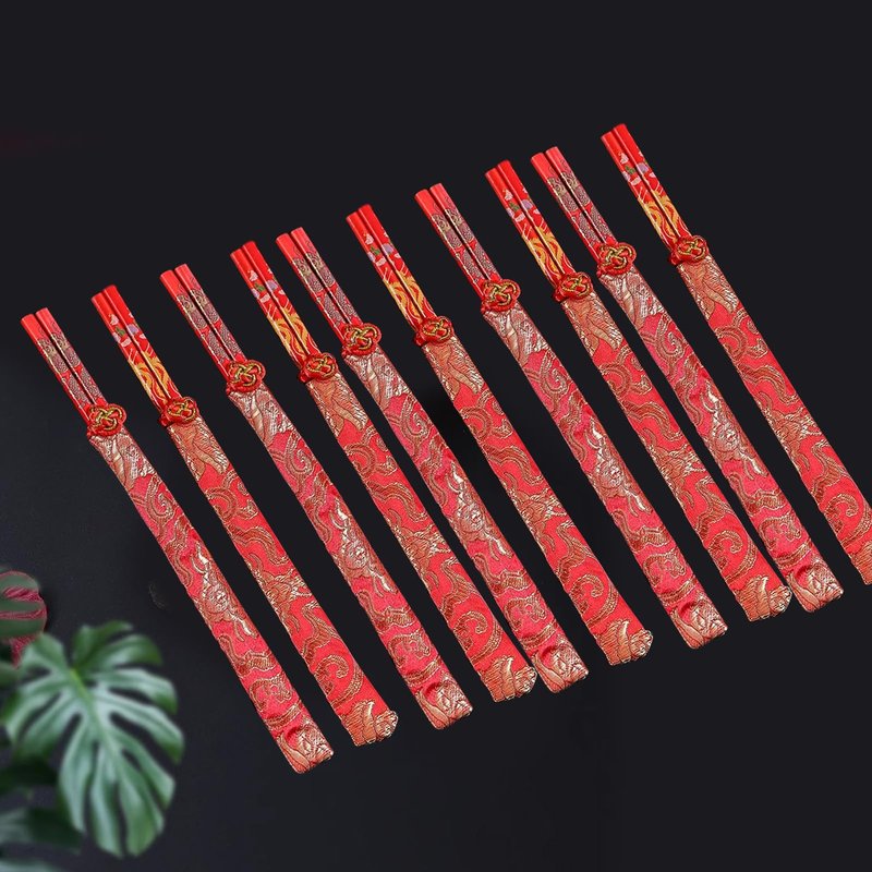 10 Pairs Chinese Knot Wooden Chopsticks with Gold Dragon Phoenix Pattern Red Chinese New Year Chopstick Set Chinese New Year Gifts for Wedding Chinese Festive Dining