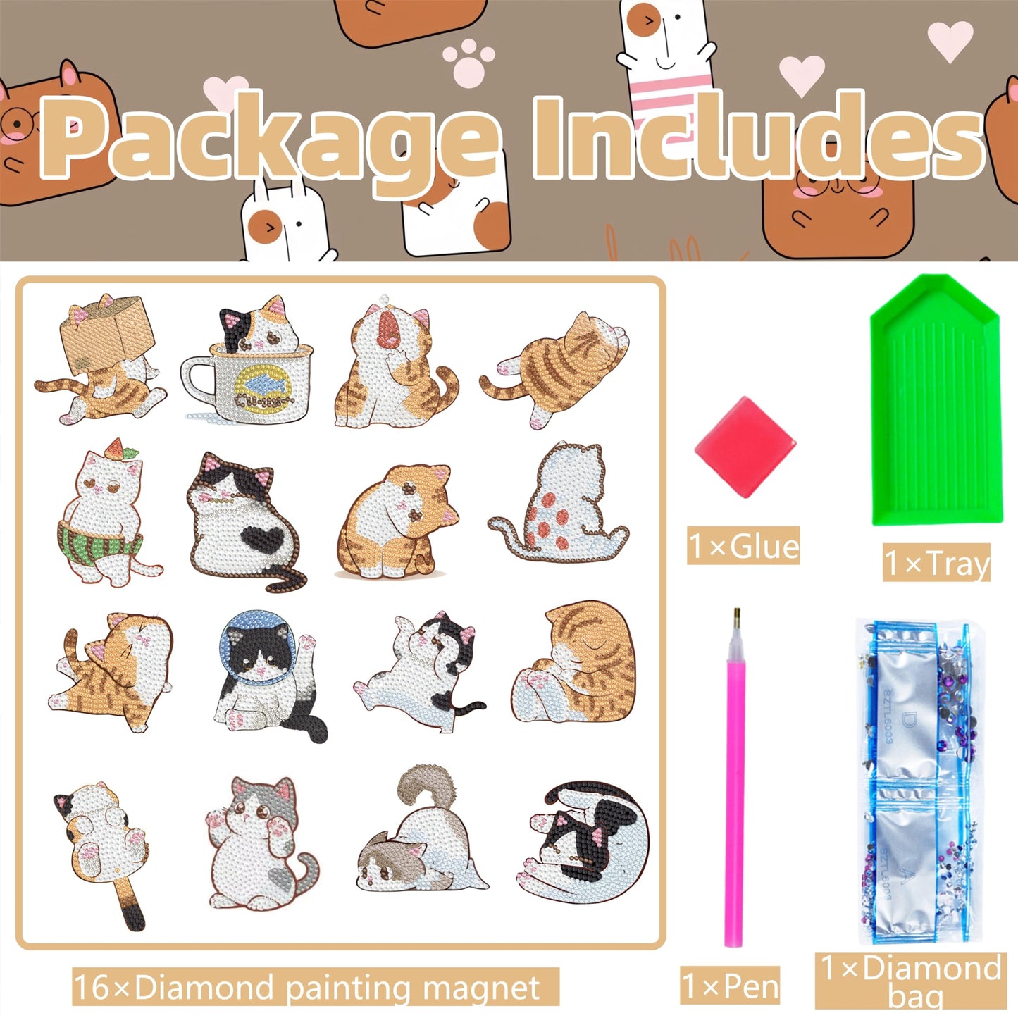 16 Pcs Cat Diamond Painting Magnets Kits Diamond Art Fridge Magnet Refrigerator Sticker Diamond Painting kit for Beginners Adults DIY Art Craft Gifts Home Decors