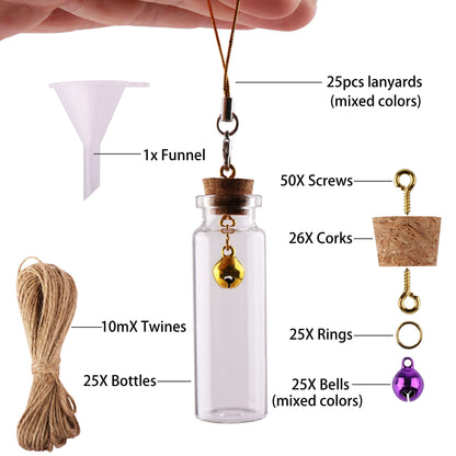 MaxMau Mini Glass Bottles with Cork Stoppers 15ml Mini Jars Wishing Bottles 25pcs with Connection Accessories Twine Bell Decoration