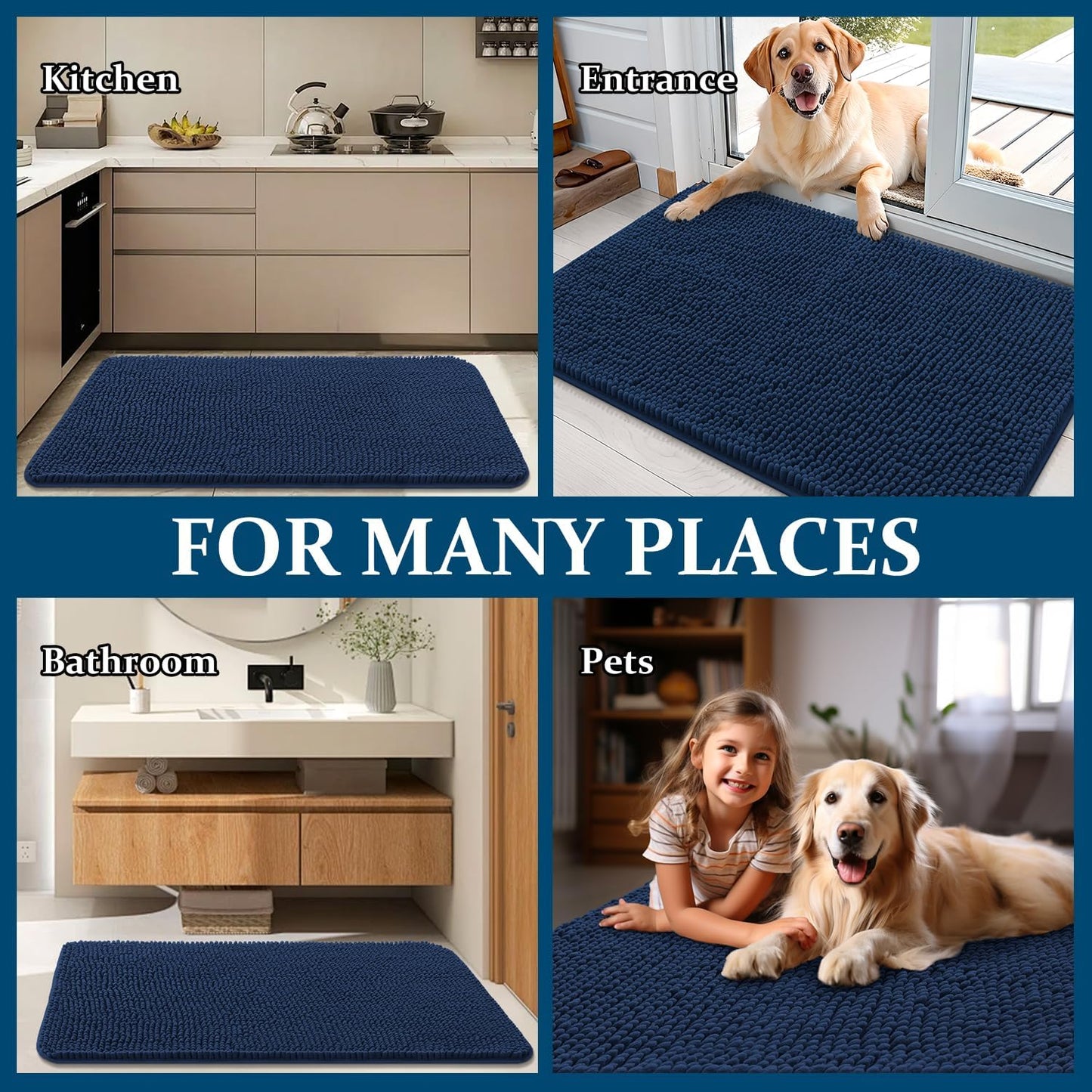 OLANLY Dog Door Mat - Absorbent Non-Slip Chenille Mat for Muddy Paws | 40x32, Dark Blue, Quick Dry