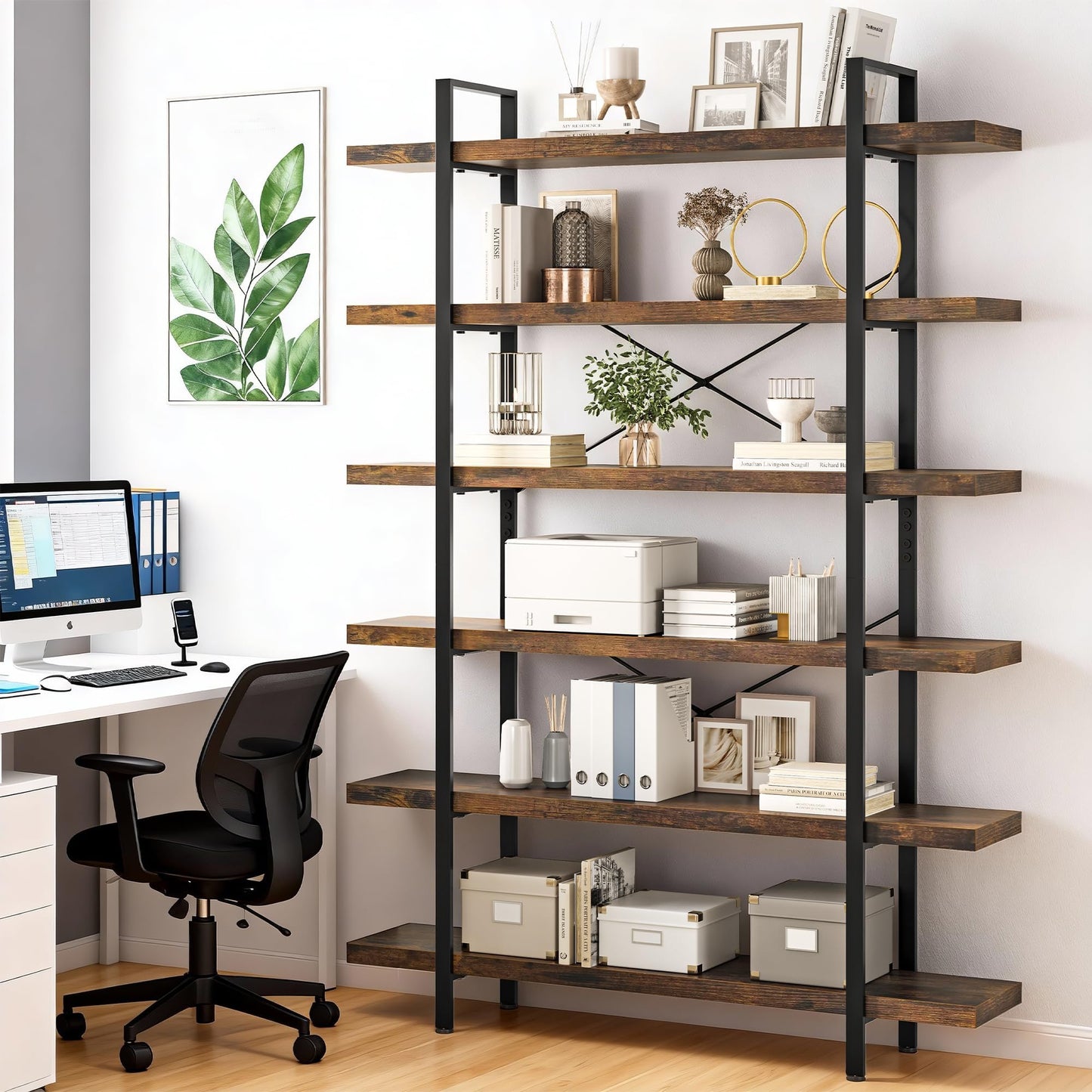 EPLICEMR 6 Tier Bookshelf 2 PCS, 80" H Heavy Duty Bookshelf,120lbs Shelf Capacity, 47" W Wood Industrial Bookshelf, Rustic Open Reinforced Horizontal Shelves for Living Room,Bedroom, Office