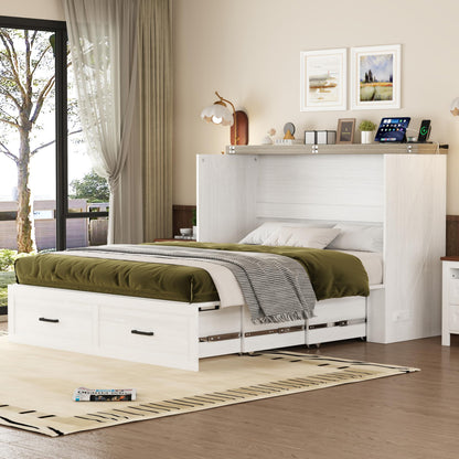 Merax Modern Farmhouse Solid Wood Murphy Cabinet Bed with Charging Station, Foldable Wall Platform Bed with Storage Drawer/No Box Spring Needed/Easy Assemble/Queen, White