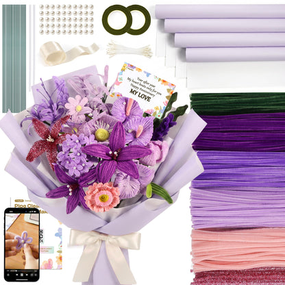 Caydo 700PCS Pipe Cleaner Flower Kit, Purple Craft Chenille Stems Bulk with Floral Wires, Ribbons, Tapes, Stamens, Glue Sticks for Making Pipe Cleaner Bouquets