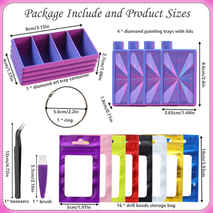 Diamond Painting Trays with Lid, 4Pcs Diamond Art Tray with 4 Compartments Diamond Painting Storage Organizers Case, Tweezers, Brushes, 16pcs Ziplock Pouches Bags for Diamond Art Kit (Blue Purple)