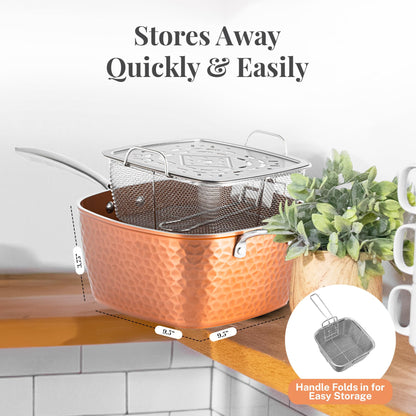 Gotham Steel Nonstick Square Deep Frying Pan, 9.5” Large Cooking Pan with Ceramic Nonstick Coating, Deep Fryer Pot with Basket, 4 Pc Titanium Ceramic with Lid, Basket & Steamer Tray, Dishwasher Safe