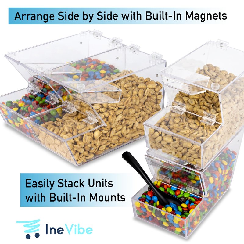 IneVibe Candy Bin Topping Dispenser - Acrylic Bulk Sprinkle Container w/Scoop, Stackable & Magnetic for Multiple Holders on Shelf - Commercial Setting for Cereal, Nuts, Candies & Snack Food Storage
