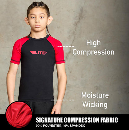 Elite Sports Kids Jiu Jitsu BJJ Rash Guard, Short Half Sleeve Compression Shirt for Youth Boys Girls Sports Nogi Training Red