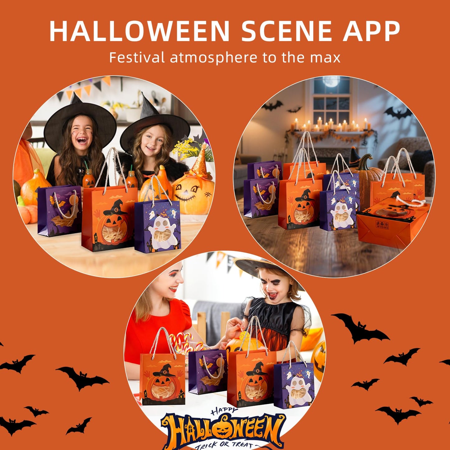 CcXxMming 30 PCS Halloween Treat Bags with Handles and Raffia Grass, 3 Designs Pumpkin Ghost Bat, Small & Medium Sizes, Halloween Candy Goodie Bags with Transparent Window, Party Favor Bags（Medium）