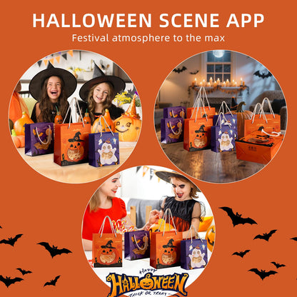 CcXxMming 30 PCS Halloween Treat Bags with Handles and Raffia Grass, 3 Designs Pumpkin Ghost Bat, Small & Medium Sizes, Halloween Candy Goodie Bags with Transparent Window, Party Favor Bags（Medium）