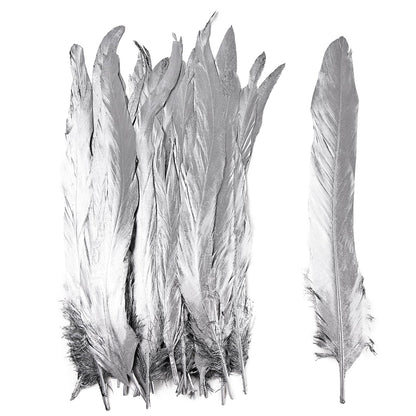 iHUFeather Natural Rooster Tail Feathers 50pcs 10-12inch Long Rooster Coque Tail Feathers Bulk for DIY Crafts Costume and Halloween Party Performances Decoration(Silver)