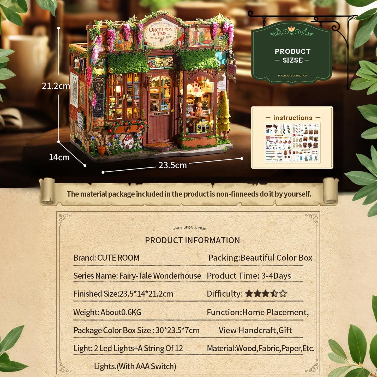 CUTEROOM DIY Miniature House Kit-Fairy Tale Kingdom, Tiny Dollhouse Wooden Furniture Kit, Mini DIY Craft Kits Creative Room for Decoration Family Friends