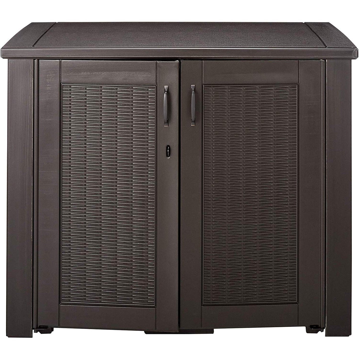 Rubbermaid Decorative Outdoor Storage Cabinet (123 Gal) Weather Resistant Dark Brown Organization for Home/Backyard/Pool Chemicals/Toys/Garden Tools/Porch/Patio Cushions