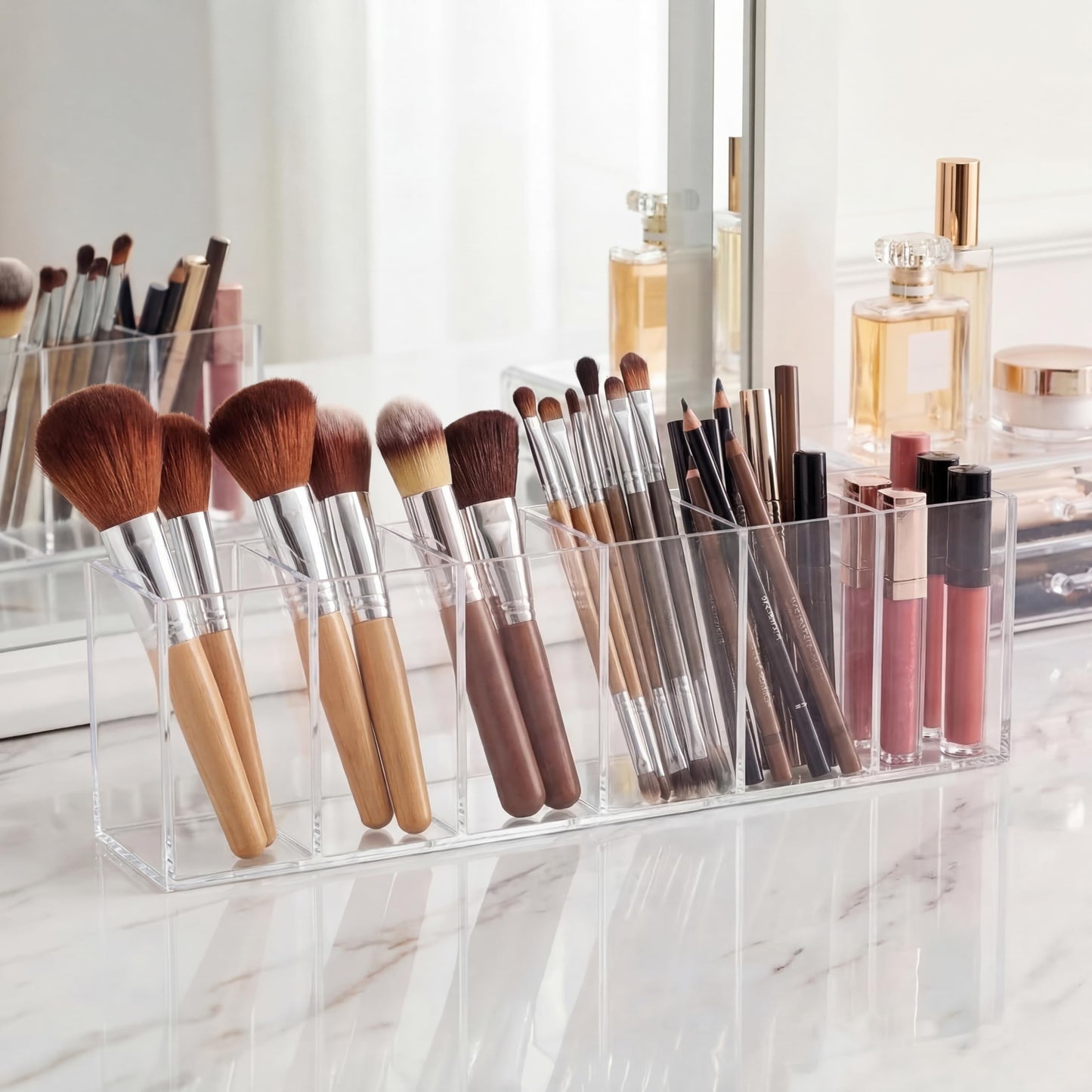 Jetec Acrylic Pen Holder 6 Compartments Makeup Brush Stationery Organizer Pencil Holder for Desk Accessories, Cosmetic Brushes, Dorm, Home, Bathroom, Kitchen, Office Supplies(Clear)