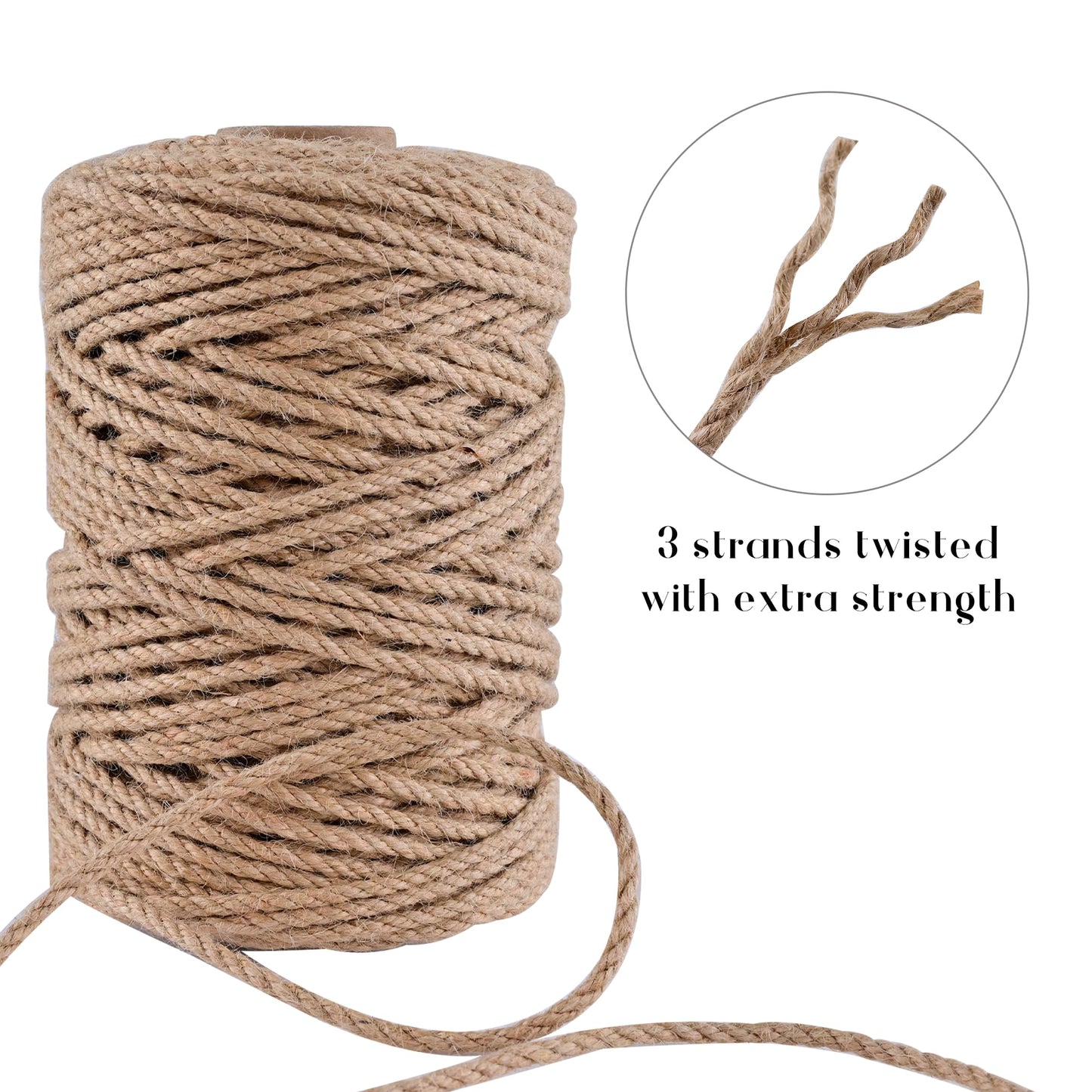 Natural Jute Twine 656ft 4mm,3Ply Twisted Thick Twine Rope Strong Jute String Roll for Crafts Gift Wrapping Gardening Home Decor Bundling Cat Scratching Post