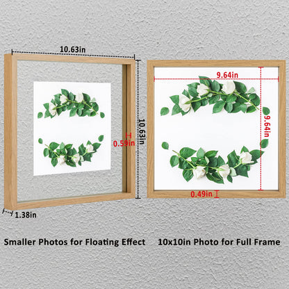 MUYE 10x10 Floating Frame Set of 2,Double Glass Square Photo Frame,Display Any Size Photo up to 10x10,Wall Mount or Tabletop Standing,Natural