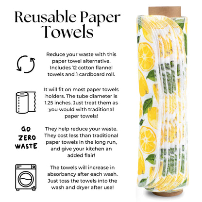 The Useless Brand Reusable Paper Towels Roll | 12 Eco Friendly Washable Cotton Flannel Towels w/Cardboard Roll | Zero Waste & Sustainable | Fits on Most Holders (Lemons, 12 Pack)